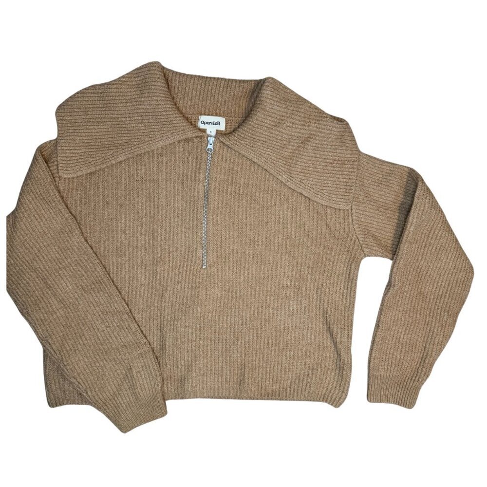 Open Edit Rib Half Zip Sweater Long Sleeve In Tan - Picture 5 of 5
